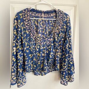 Free People Blue and Yellow Floral Blouse